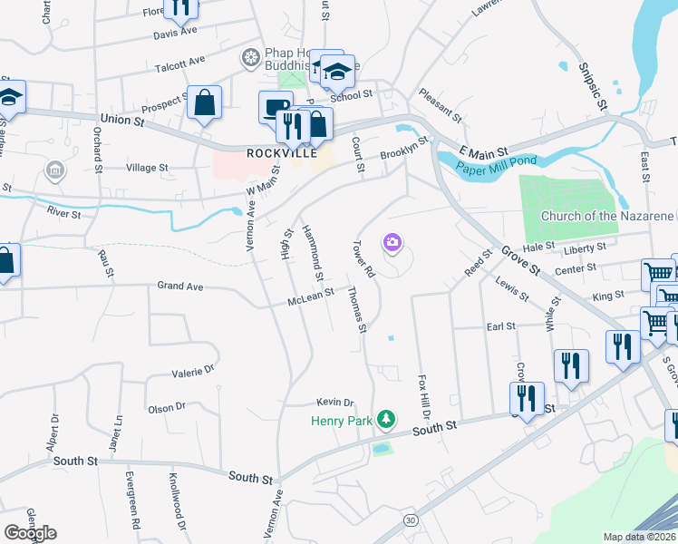 map of restaurants, bars, coffee shops, grocery stores, and more near 29 McLean Street in Vernon
