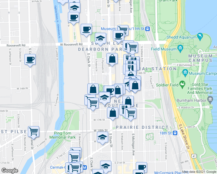 map of restaurants, bars, coffee shops, grocery stores, and more near 5 East 14th Place in Chicago