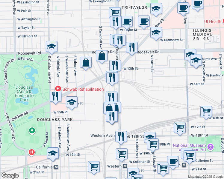 map of restaurants, bars, coffee shops, grocery stores, and more near 1424 South Western Avenue in Chicago