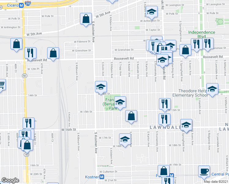 map of restaurants, bars, coffee shops, grocery stores, and more near 4320 West 15th Street in Chicago