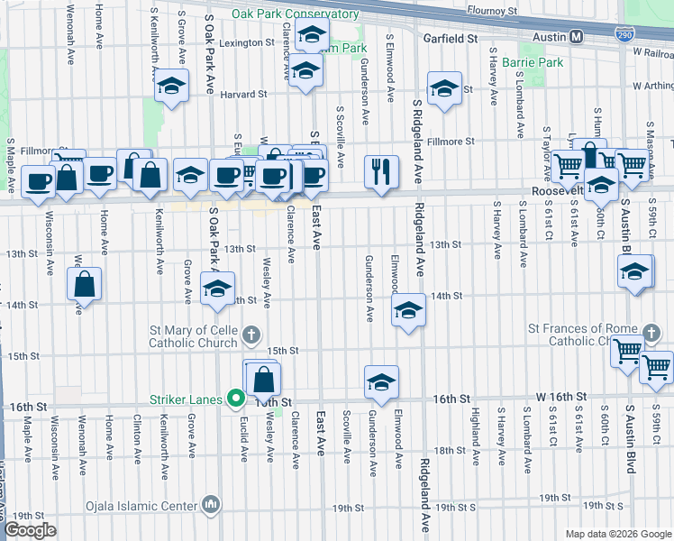 map of restaurants, bars, coffee shops, grocery stores, and more near 1339 Scoville Avenue in Berwyn