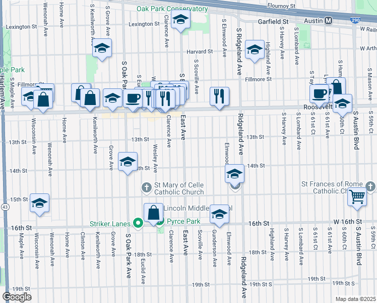 map of restaurants, bars, coffee shops, grocery stores, and more near 1336 East Avenue in Berwyn