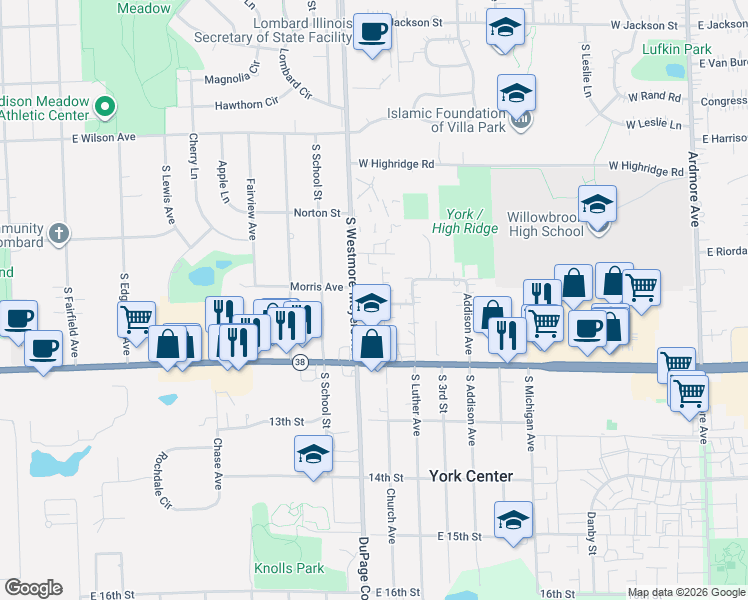 map of restaurants, bars, coffee shops, grocery stores, and more near 1155 South Church Avenue in Lombard