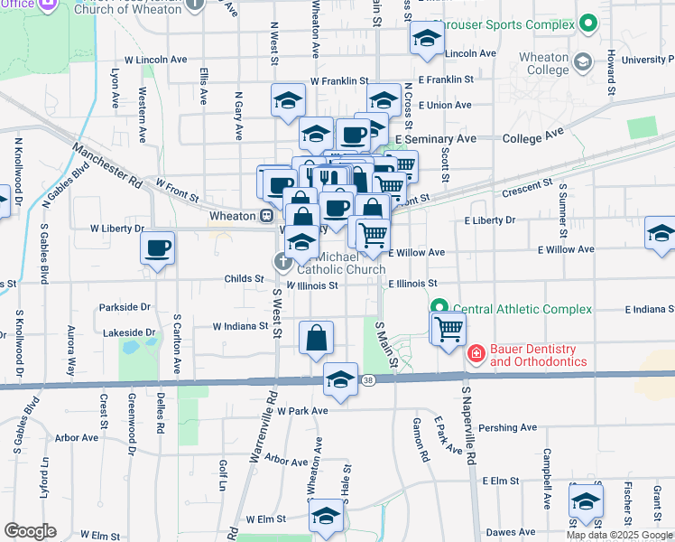 map of restaurants, bars, coffee shops, grocery stores, and more near 400 South Hale Street in Wheaton