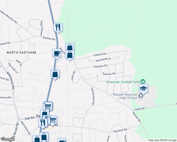 map of restaurants, bars, coffee shops, grocery stores, and more near 2560 Nauset Road in Eastham