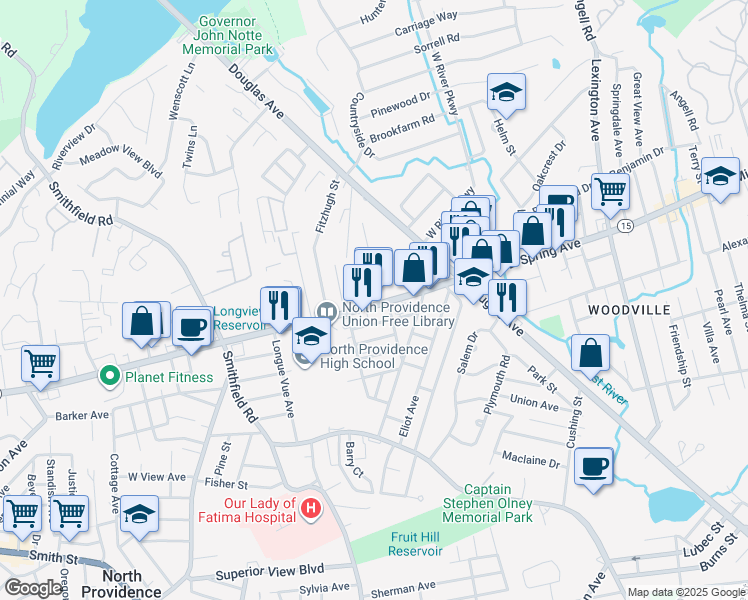 map of restaurants, bars, coffee shops, grocery stores, and more near 7 Merrimac Street in North Providence