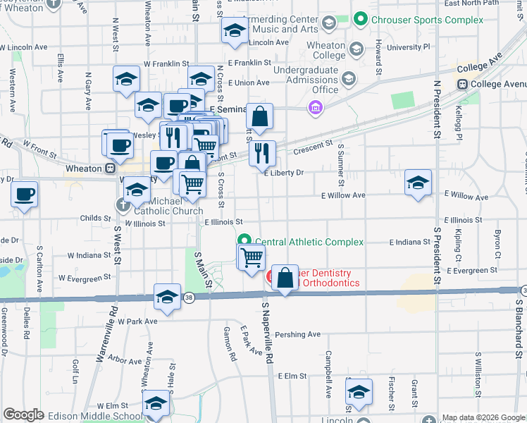 map of restaurants, bars, coffee shops, grocery stores, and more near 315 South Naperville Road in Wheaton