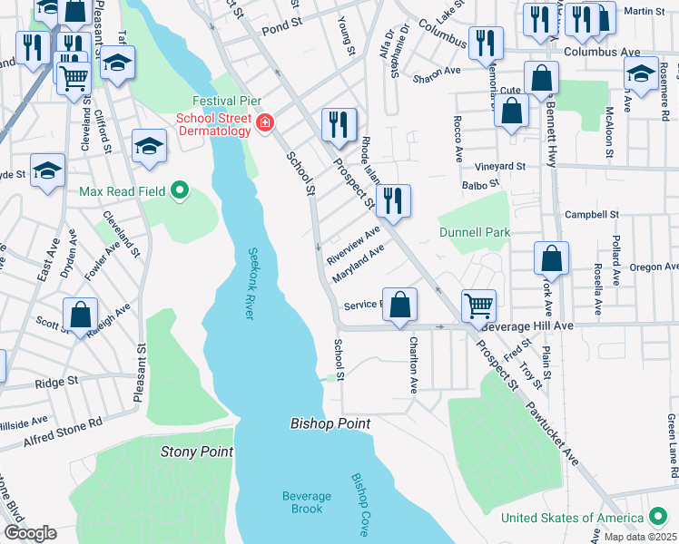 map of restaurants, bars, coffee shops, grocery stores, and more near 688 Rhode Island 114 in Pawtucket