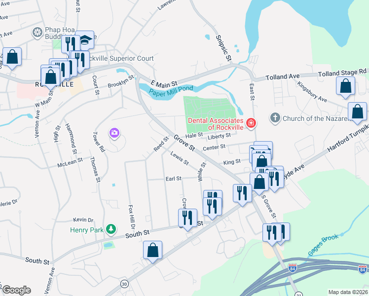map of restaurants, bars, coffee shops, grocery stores, and more near 94 Grove Street in Vernon