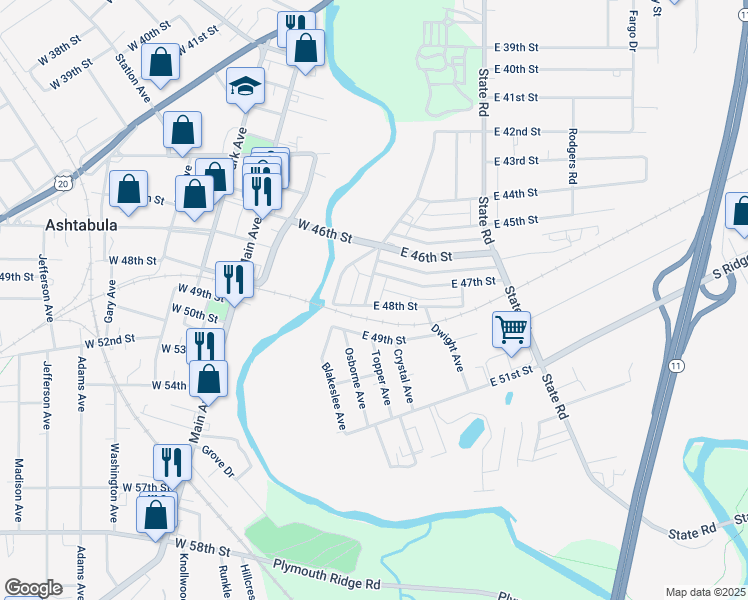 map of restaurants, bars, coffee shops, grocery stores, and more near 1519 East 49th Street in Ashtabula