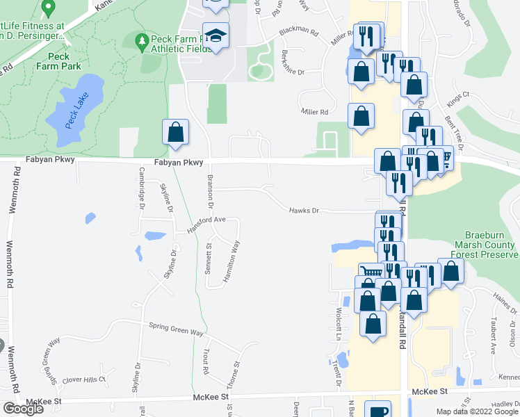 map of restaurants, bars, coffee shops, grocery stores, and more near 2400 Hawks Drive in Batavia