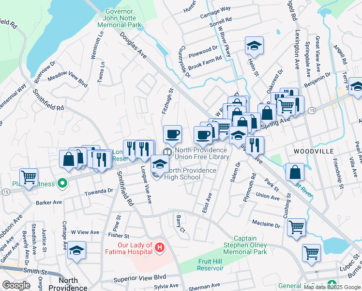 map of restaurants, bars, coffee shops, grocery stores, and more near 1805 Mineral Spring Avenue in North Providence