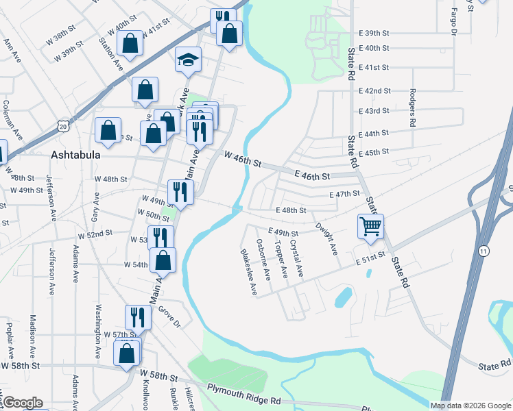 map of restaurants, bars, coffee shops, grocery stores, and more near 1405 East 49th Street in Ashtabula