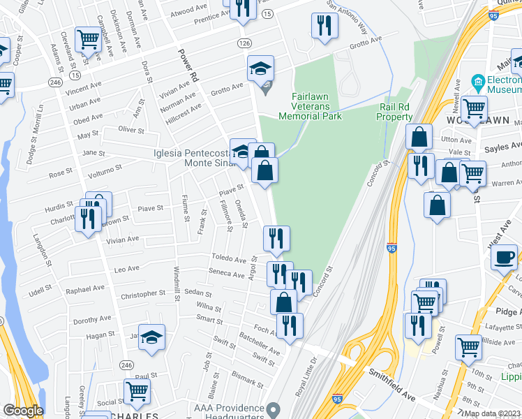 map of restaurants, bars, coffee shops, grocery stores, and more near 101 Power Road in Pawtucket