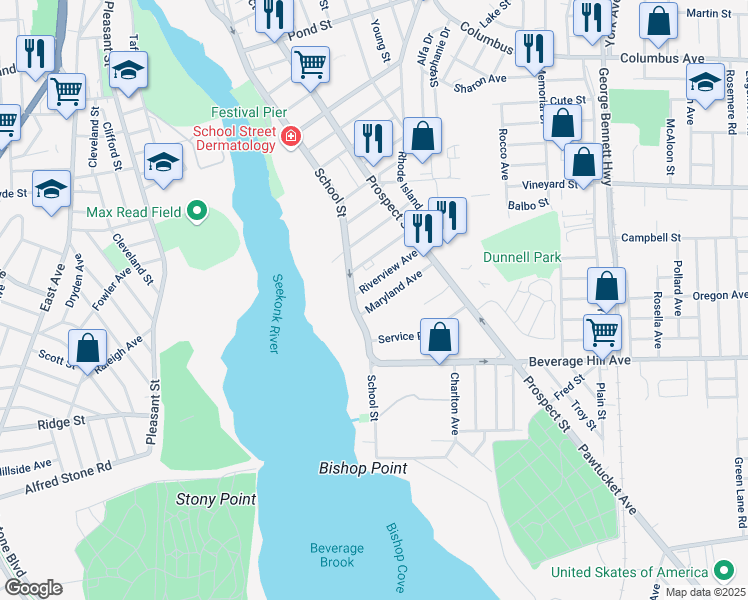 map of restaurants, bars, coffee shops, grocery stores, and more near 688 Rhode Island 114 in Pawtucket