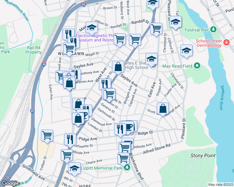 map of restaurants, bars, coffee shops, grocery stores, and more near 27 Sterling Street in Pawtucket