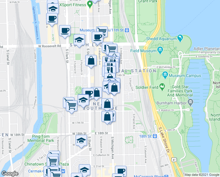 map of restaurants, bars, coffee shops, grocery stores, and more near 1501 South Michigan Avenue in Chicago