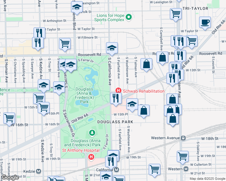 map of restaurants, bars, coffee shops, grocery stores, and more near 2764 Ogden Avenue in Chicago