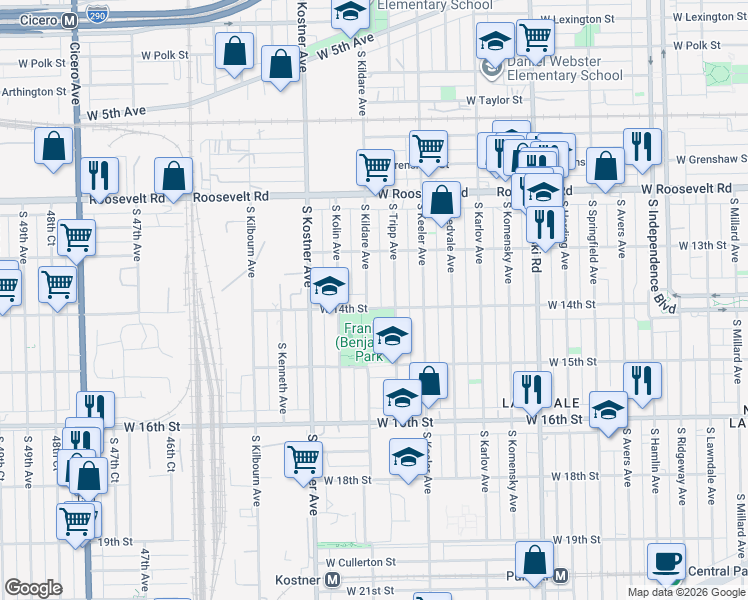 map of restaurants, bars, coffee shops, grocery stores, and more near 4320 West 15th Street in Chicago