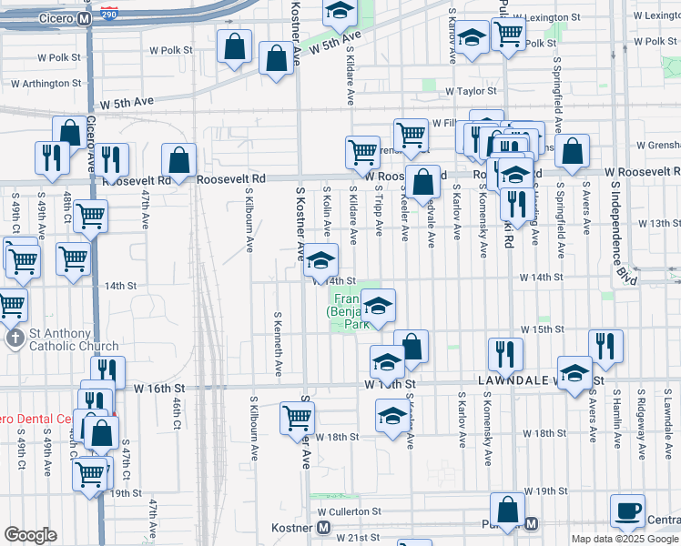 map of restaurants, bars, coffee shops, grocery stores, and more near 1402 South Kolin Avenue in Chicago