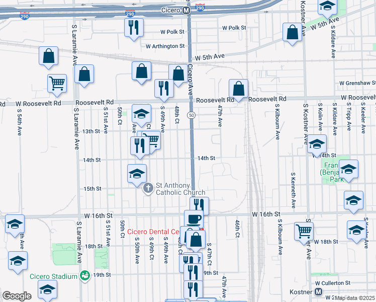 map of restaurants, bars, coffee shops, grocery stores, and more near 1405 48th Court in Cicero