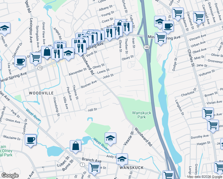 map of restaurants, bars, coffee shops, grocery stores, and more near 401 Woodward Road in North Providence