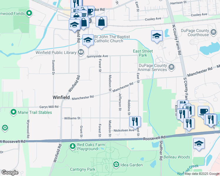 map of restaurants, bars, coffee shops, grocery stores, and more near Madison Street in Winfield