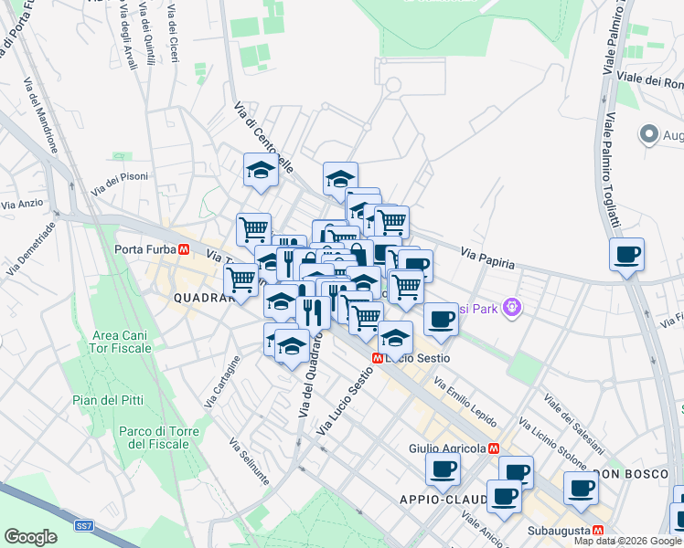 map of restaurants, bars, coffee shops, grocery stores, and more near 15 Via Licinio Murena in Roma
