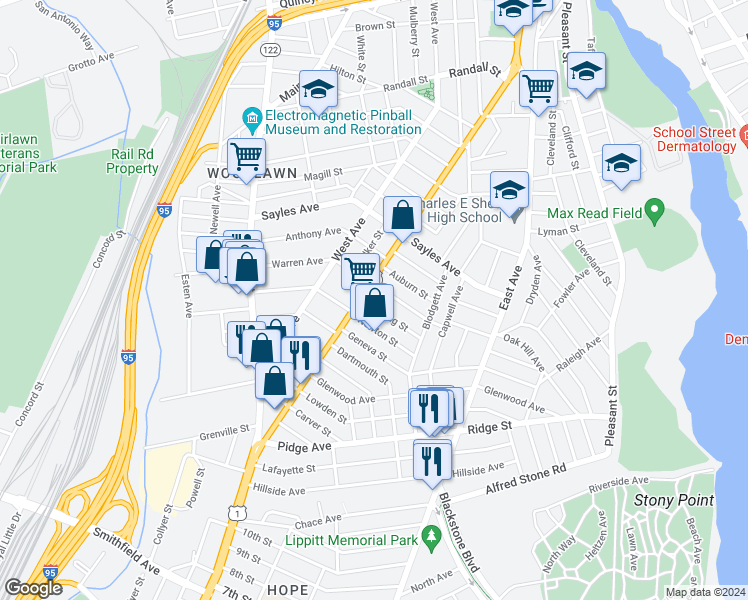 map of restaurants, bars, coffee shops, grocery stores, and more near 101 Sterling Street in Pawtucket