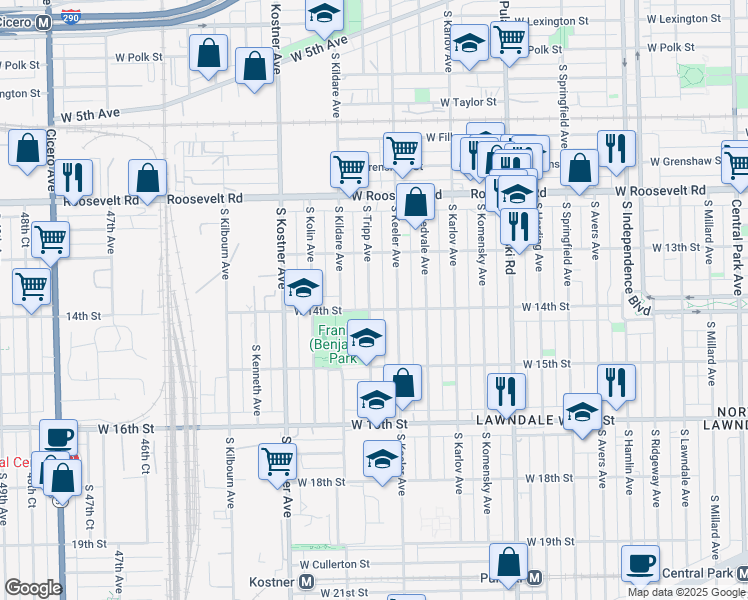 map of restaurants, bars, coffee shops, grocery stores, and more near 1351 South Tripp Avenue in Chicago