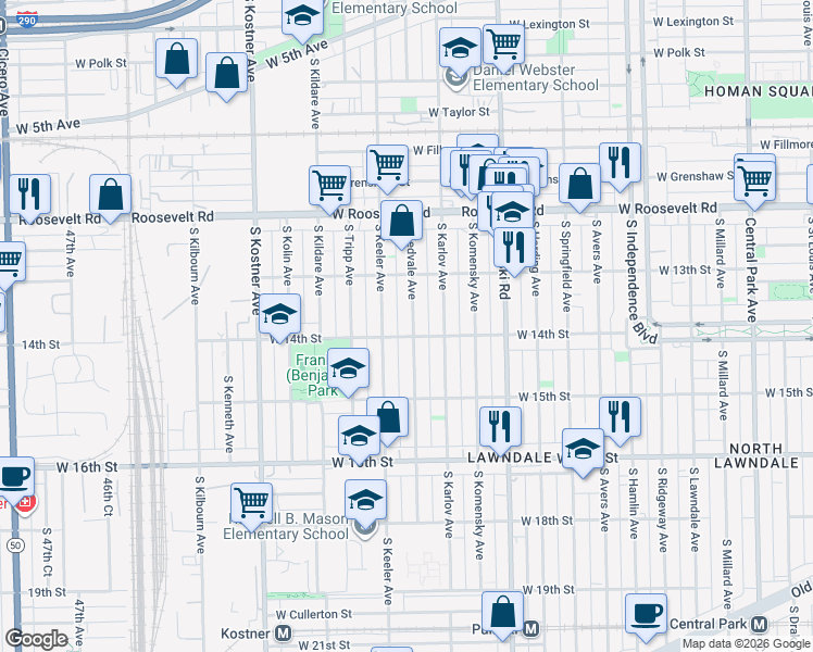 map of restaurants, bars, coffee shops, grocery stores, and more near 1322 South Kedvale Avenue in Chicago
