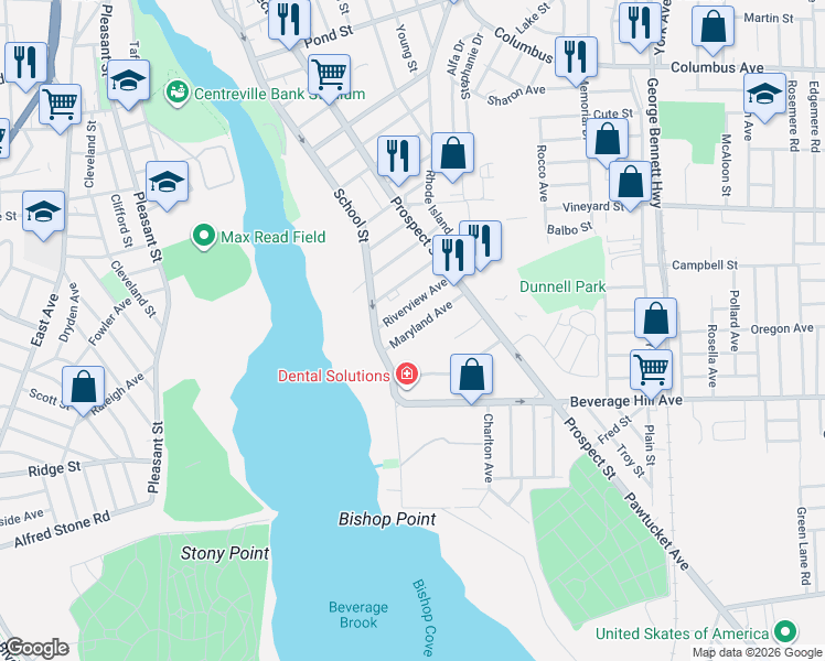 map of restaurants, bars, coffee shops, grocery stores, and more near 42 Riverview Avenue in Pawtucket