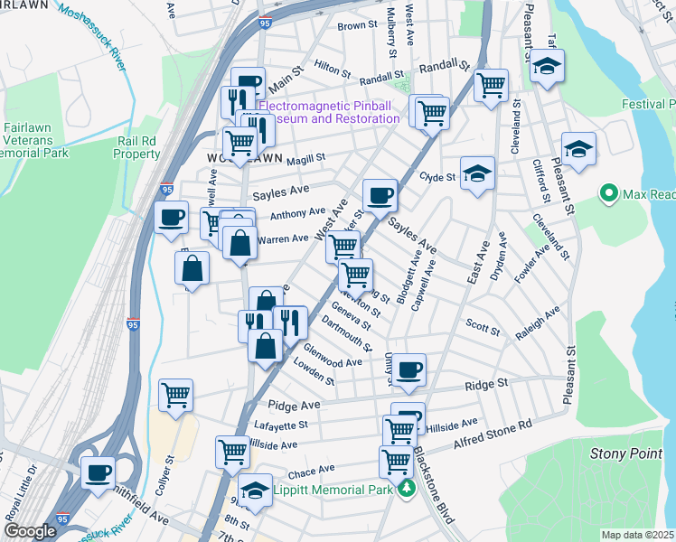 map of restaurants, bars, coffee shops, grocery stores, and more near 28 Warren Avenue in Pawtucket