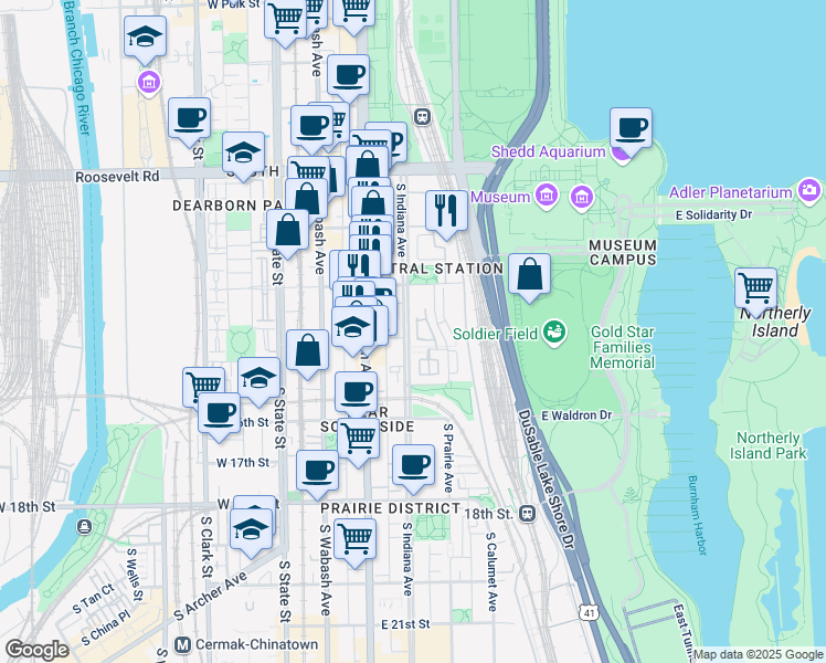 map of restaurants, bars, coffee shops, grocery stores, and more near 1430 South Indiana Avenue in Chicago