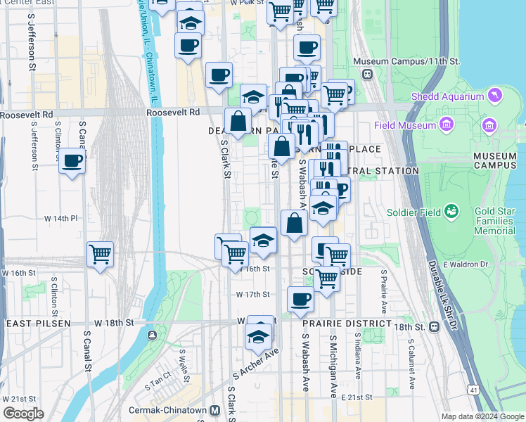 map of restaurants, bars, coffee shops, grocery stores, and more near 1416 South Plymouth Court in Chicago