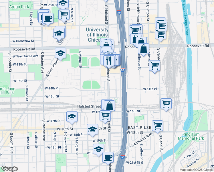 map of restaurants, bars, coffee shops, grocery stores, and more near 757 West 14th Street in Chicago