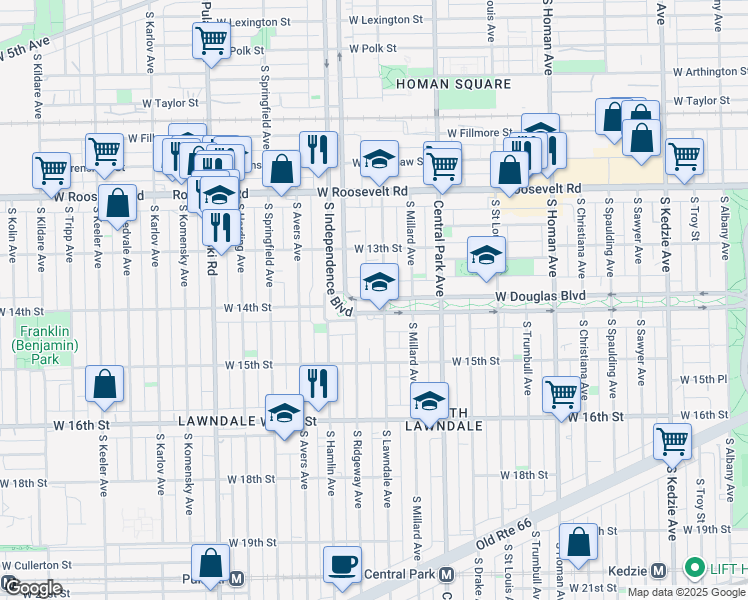 map of restaurants, bars, coffee shops, grocery stores, and more near 1328 South Lawndale Avenue in Chicago