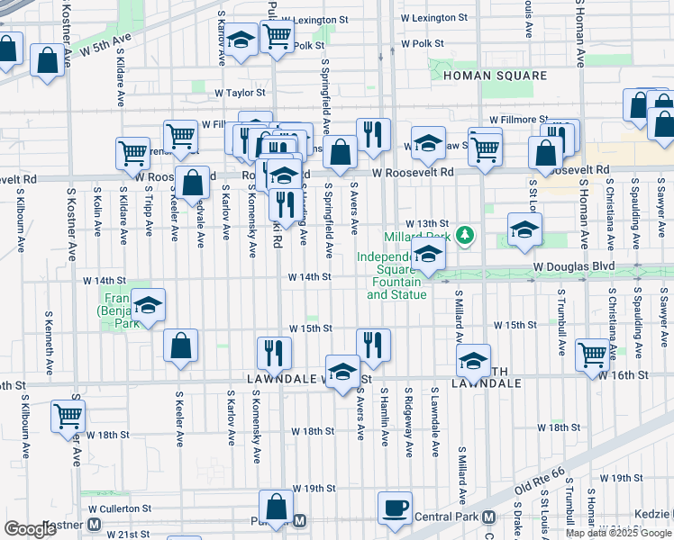 map of restaurants, bars, coffee shops, grocery stores, and more near 1330 South Springfield Avenue in Chicago