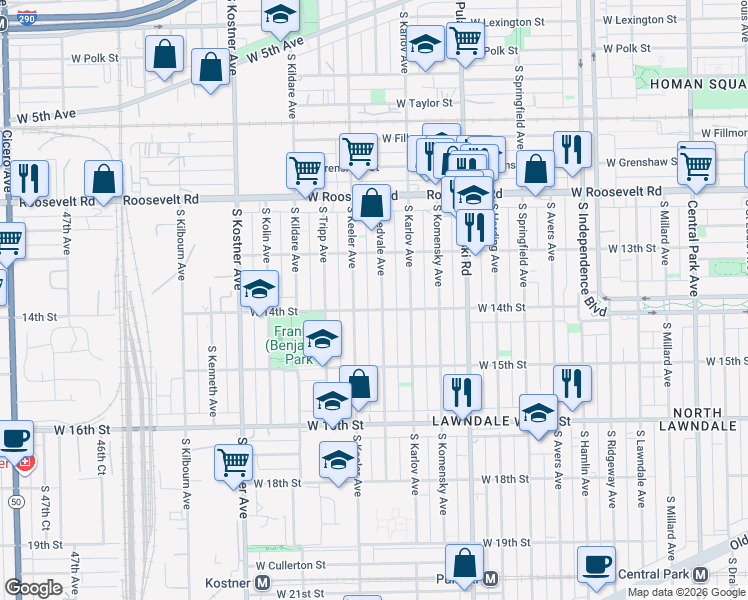 map of restaurants, bars, coffee shops, grocery stores, and more near 1322 South Kedvale Avenue in Chicago