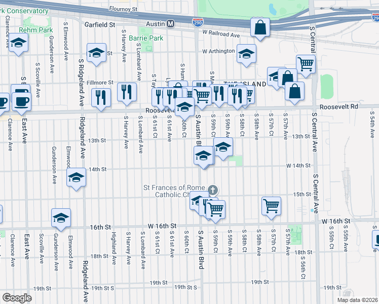 map of restaurants, bars, coffee shops, grocery stores, and more near 1300 South 60th Court in Cicero