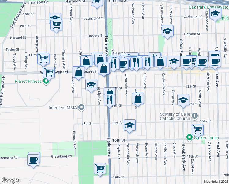 map of restaurants, bars, coffee shops, grocery stores, and more near 1241 Maple Avenue in Berwyn