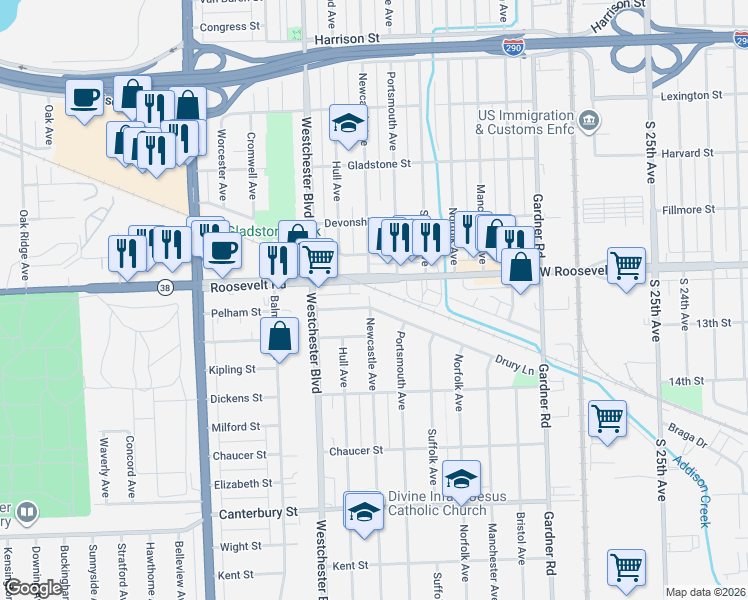 map of restaurants, bars, coffee shops, grocery stores, and more near 10055 Roosevelt Road in Westchester