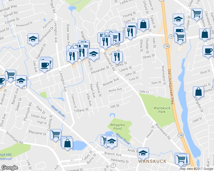map of restaurants, bars, coffee shops, grocery stores, and more near 40 Rosner Avenue in North Providence