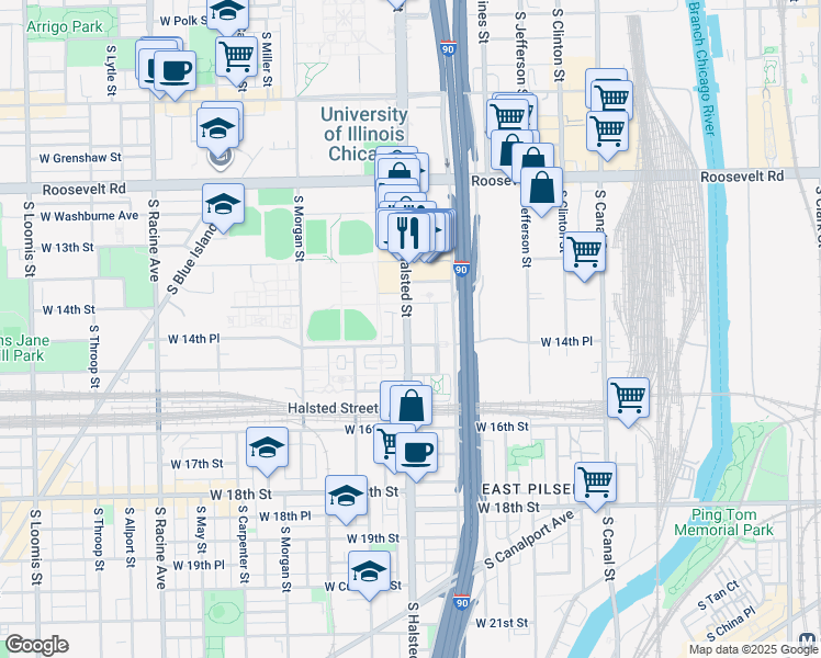 map of restaurants, bars, coffee shops, grocery stores, and more near 1425 South Halsted Street in Chicago