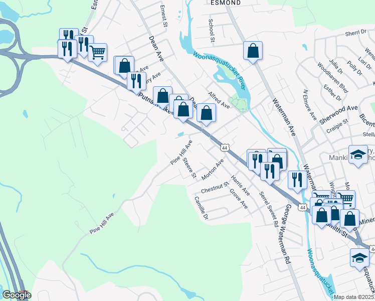 map of restaurants, bars, coffee shops, grocery stores, and more near 120 Pine Hill Avenue in Johnston
