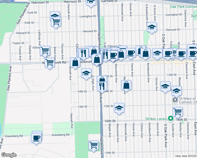 map of restaurants, bars, coffee shops, grocery stores, and more near 1241 South Harlem Avenue in Berwyn