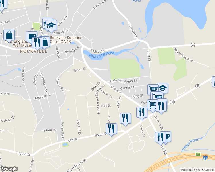 map of restaurants, bars, coffee shops, grocery stores, and more near 92 Grove Street in Vernon