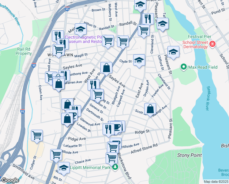 map of restaurants, bars, coffee shops, grocery stores, and more near 9 Blodgett Avenue in Pawtucket