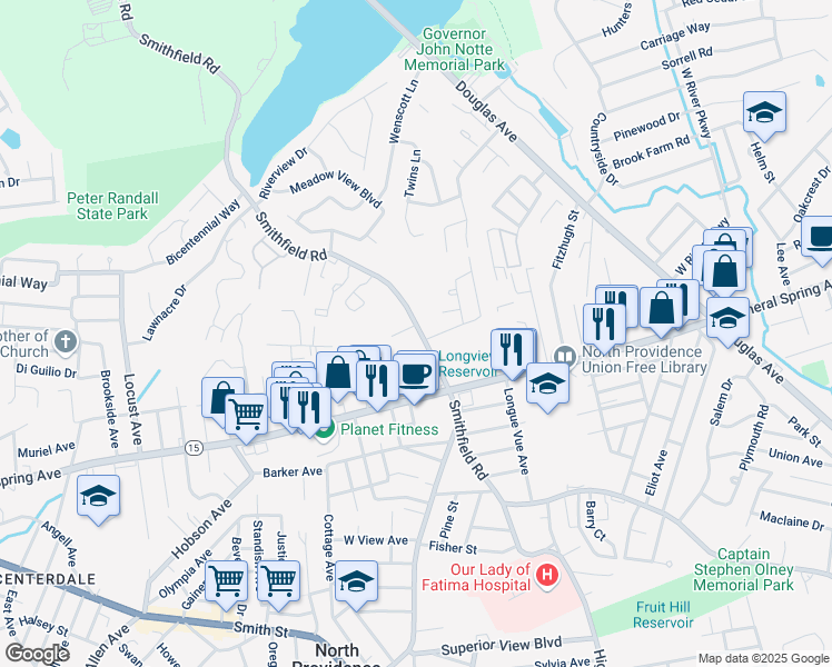 map of restaurants, bars, coffee shops, grocery stores, and more near 553 Smithfield Road in North Providence