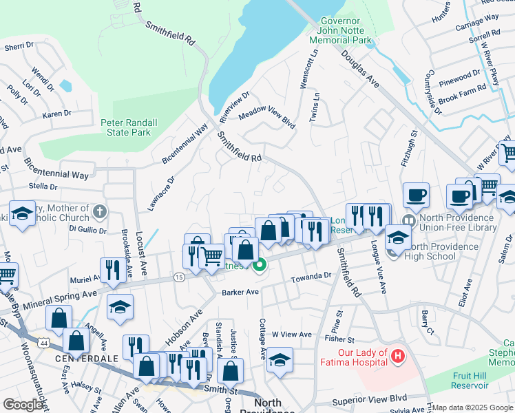 map of restaurants, bars, coffee shops, grocery stores, and more near 415 Sunset Avenue in North Providence
